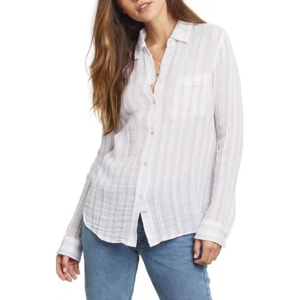 Rails Ellis Cotton Gauze Button-Up Shirt Womens M Pink Stripe Lightweight